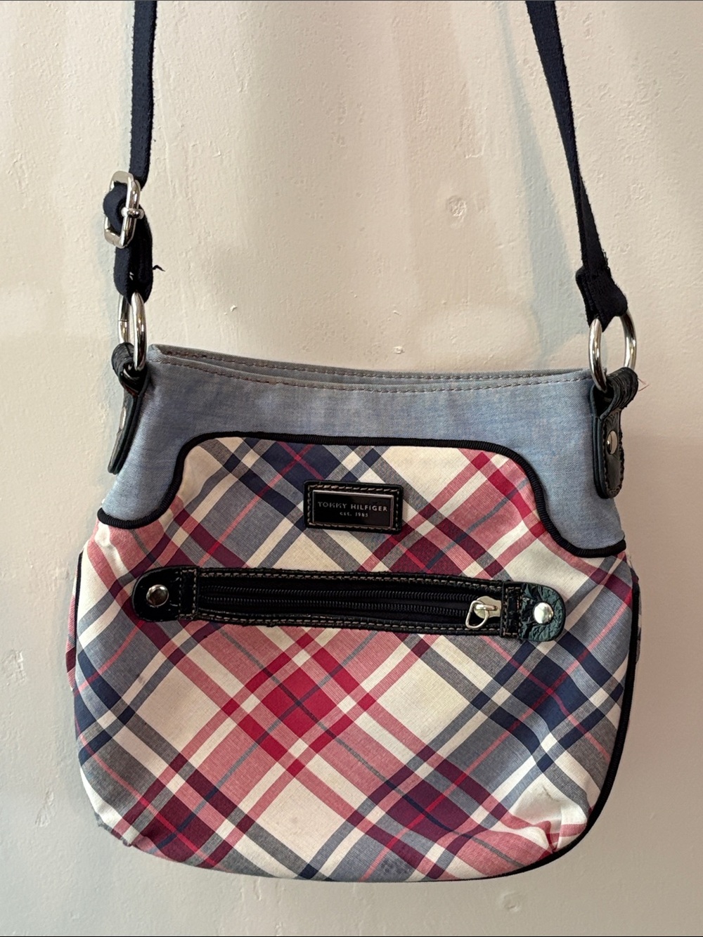 Tommy Hilfiger Red Plaid Crossbody with Navy Accents